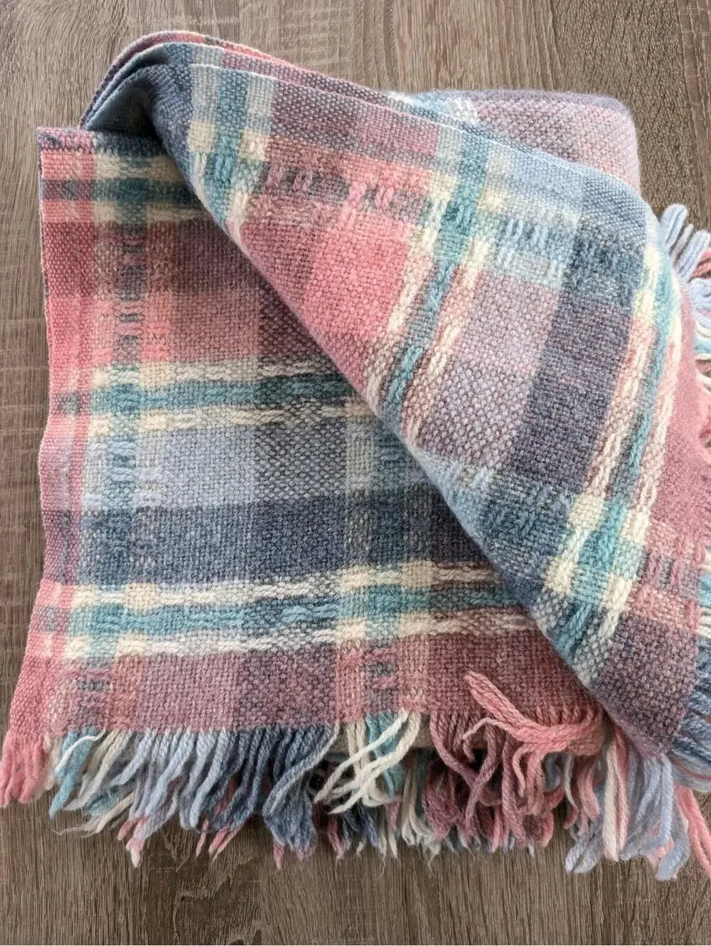 Faribo Faribault Woolen Mill Co Pink Plaid Wool Acrylic Throw Blanket Fringe